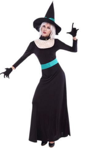 F1682 halloween witch long gown costume,it comes with hat,dress,gloves,belt
